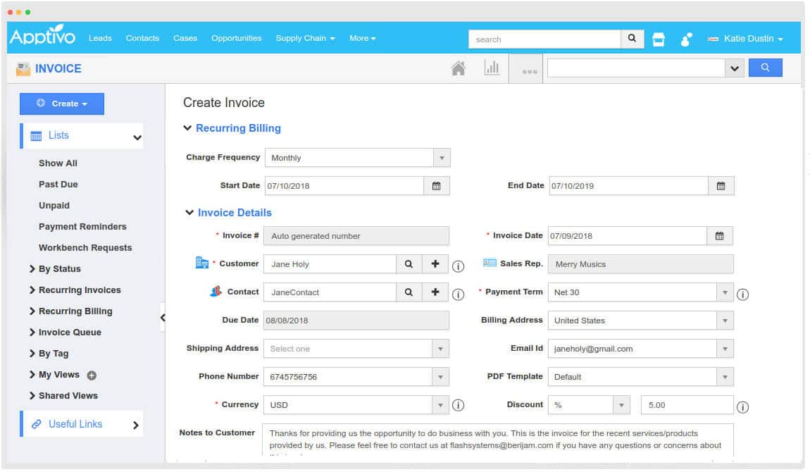 Apptivo creating sample invoice.