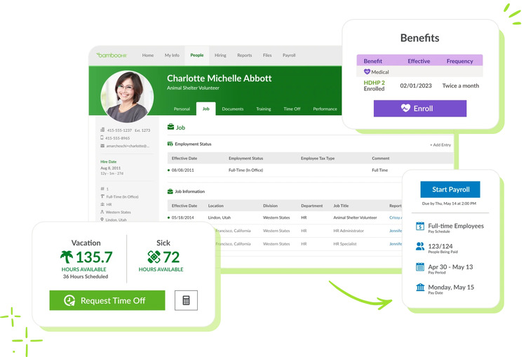 BambooHR dashboard with PTO request, payroll processing, and benefits enrollment.