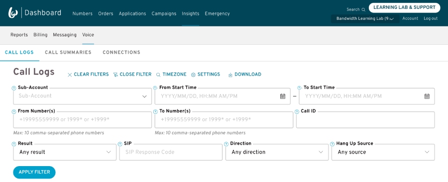 Dashboard interface showing the call logs feature with input fields for sub account, from start time, to start time, from numbers, to numbers, and call ID