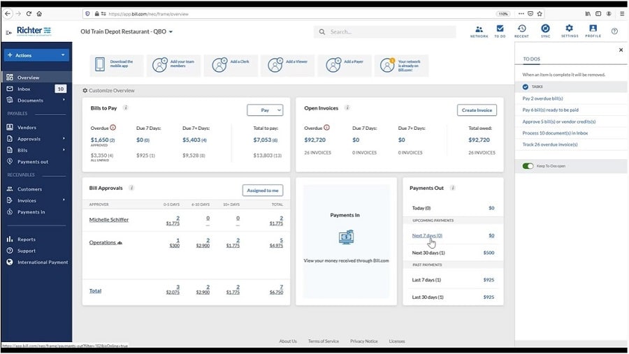 Image of Bill.com's dashboard showing outstanding bills, open invoices, and other metrics.