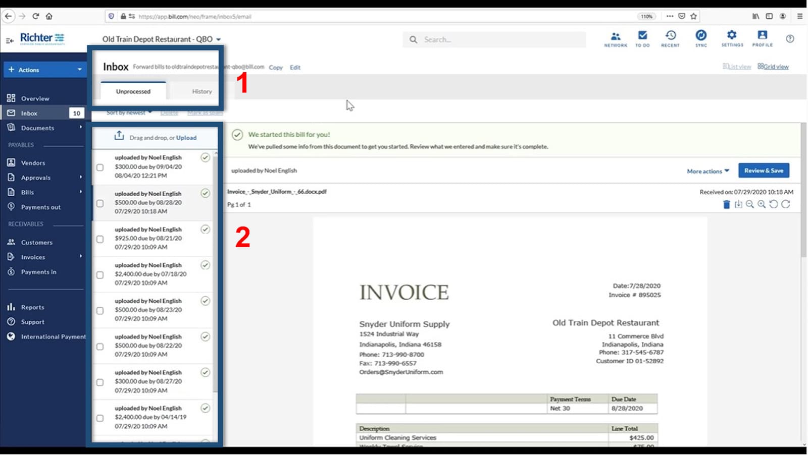 Image showing the inbox window of BILL.