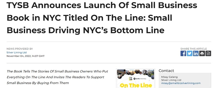 Book launch press release example with headline and subheadline