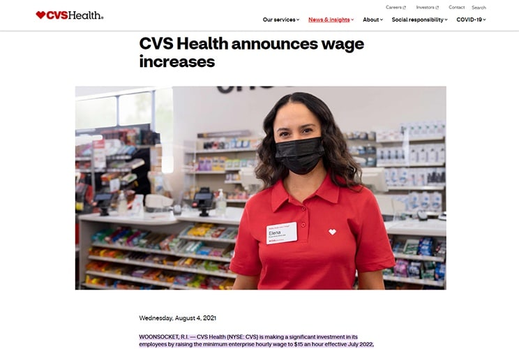 CVS Health press release about company announcement on minimum wage