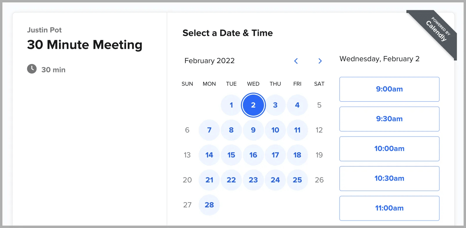 A screenshot of the Calendly meeting scheduling portal