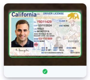An example of a California driver's license to illustrate Stripe's identity verification feature.