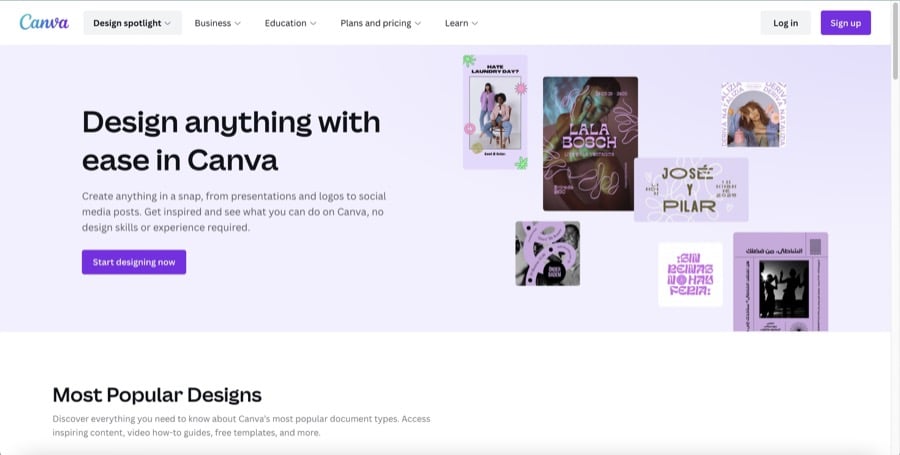 Canva website showing popular templates and design categories.