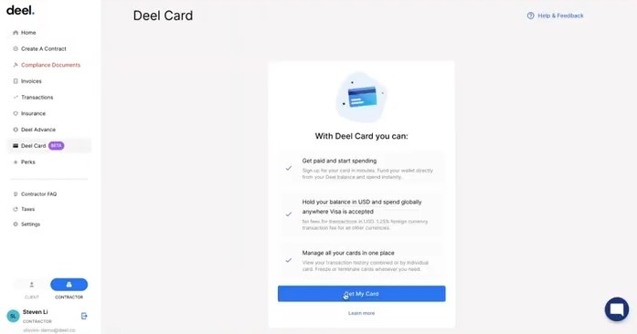 A screenshot that shows where to apply for the Deel contractor card online and what you can do with it.