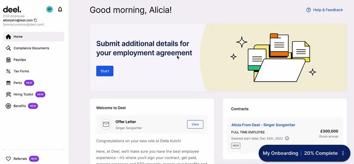 A screenshot showing Deel's onboarding solution for new global employees.