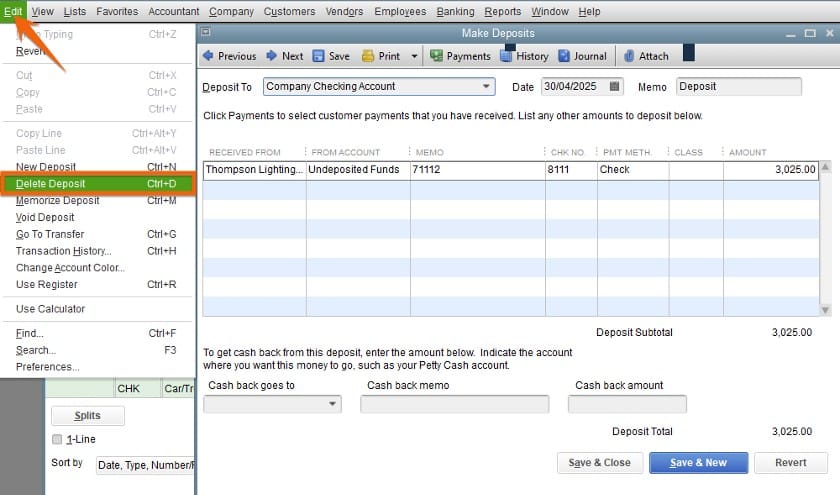 Deleting a deposit in QuickBooks Desktop.