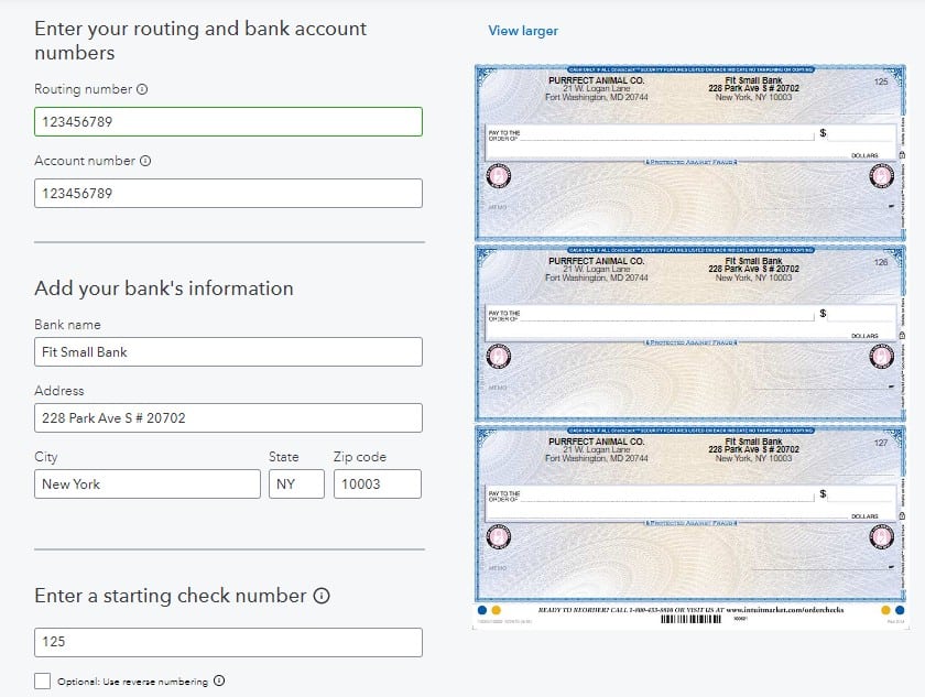 a screenshot with the business check ordering process from Intuit