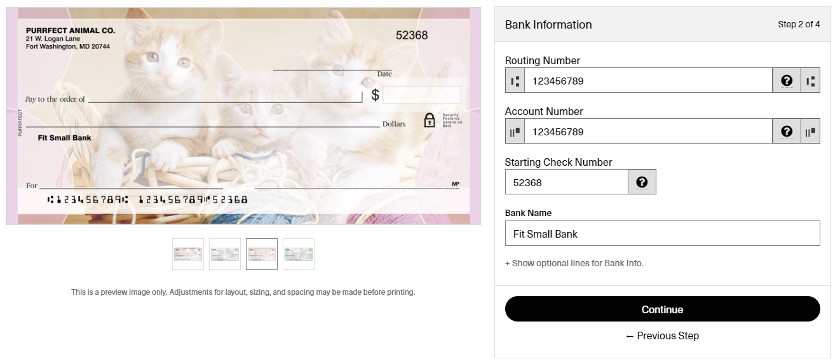 a screenshot from Vistaprint showing how to choose a business check template and provide your banking information