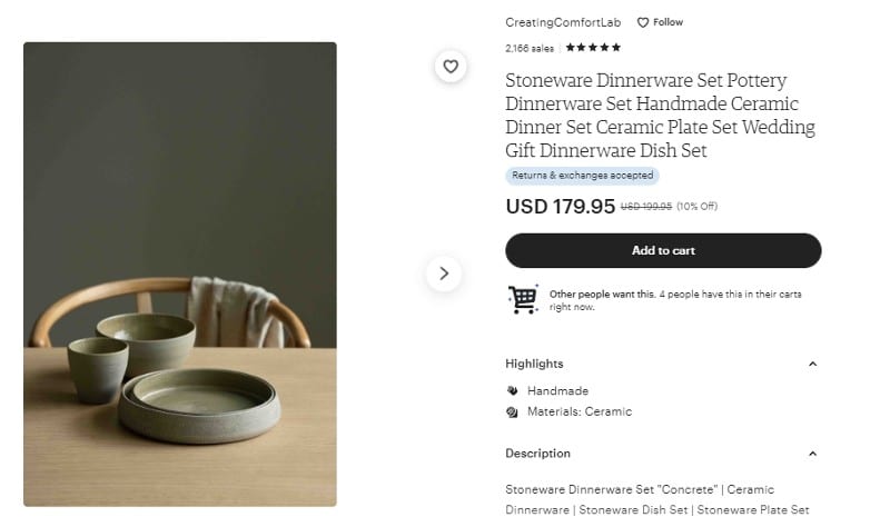 Ceramic stoneware dinnerware set sold on Etsy.