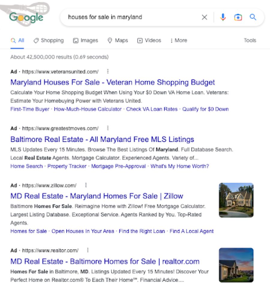 Example Google Ad with headline and descriptions when searching houses for sale in Maryland