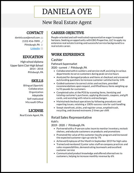Example of new real estate agent resume