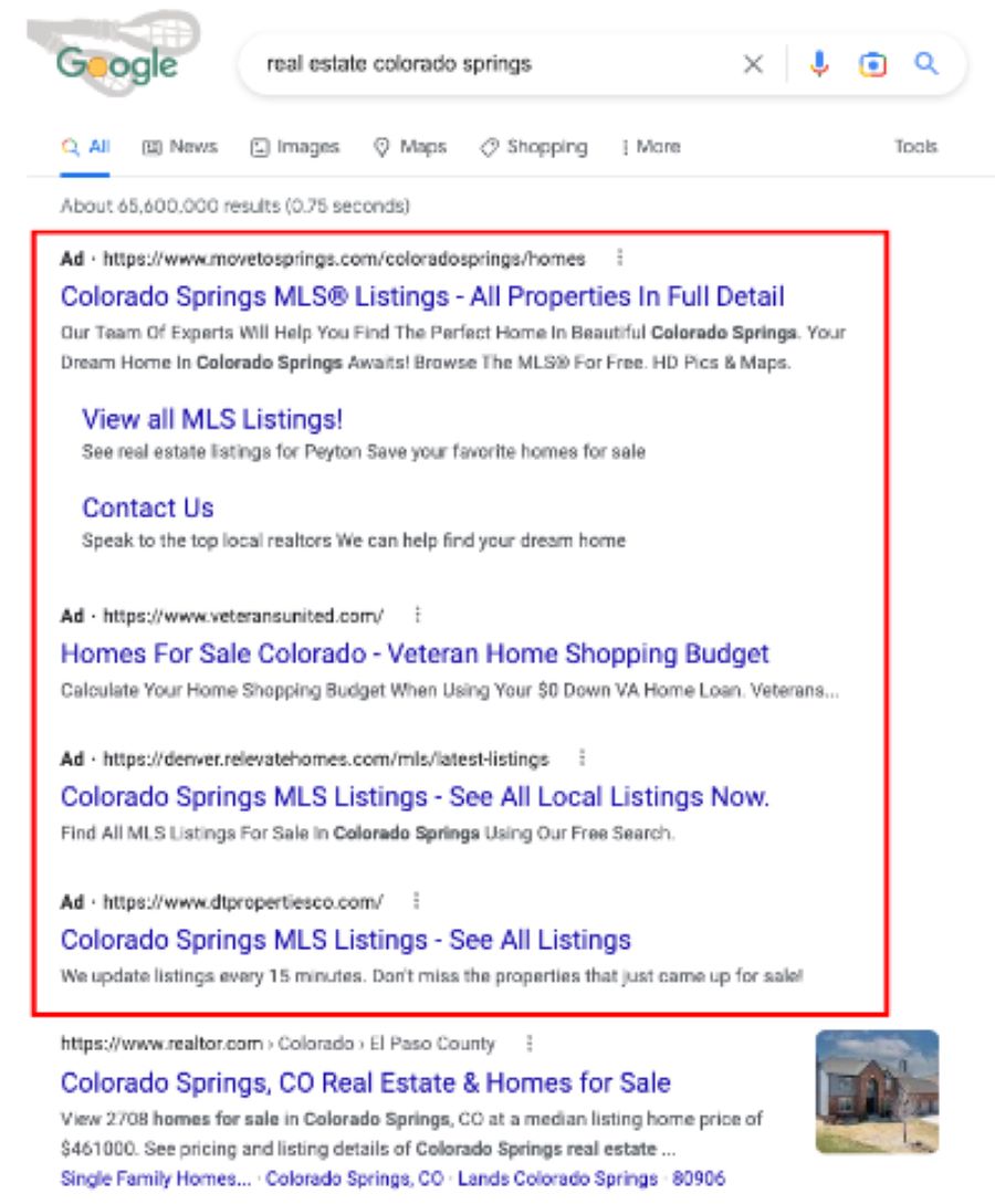 example of Google search ad for real estate colorado springs.