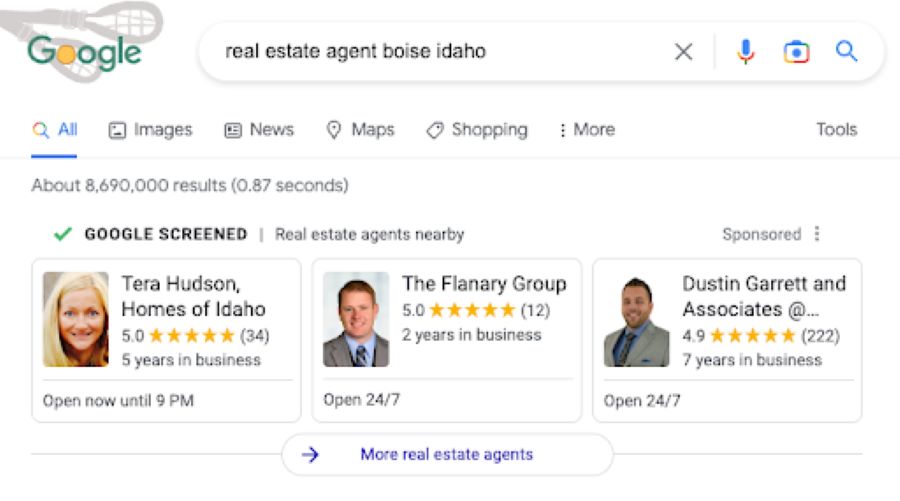 Examples of local service ads from google when searching for real estate agent boise idaho