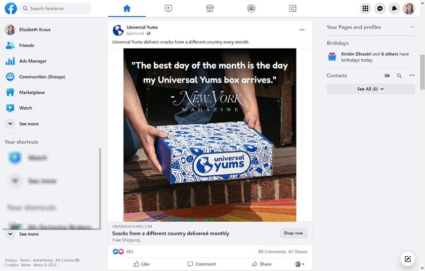 Facebook ad example of Universal yums