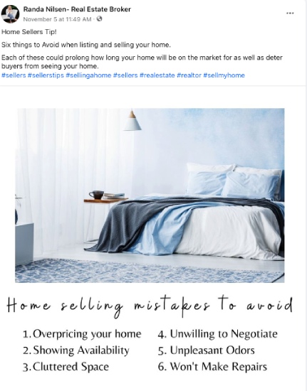 Facebook post for home sellers from real estate agent Randa Nilsen.