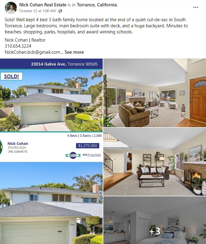 Sample facebook post from Nick Cohan Real Estate.