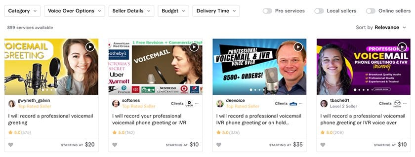 Fiverr multiple filtering options for voicemail greetings