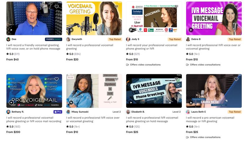 Rows of thumbnails displaying pictures and names of voice talents on Fiverr.