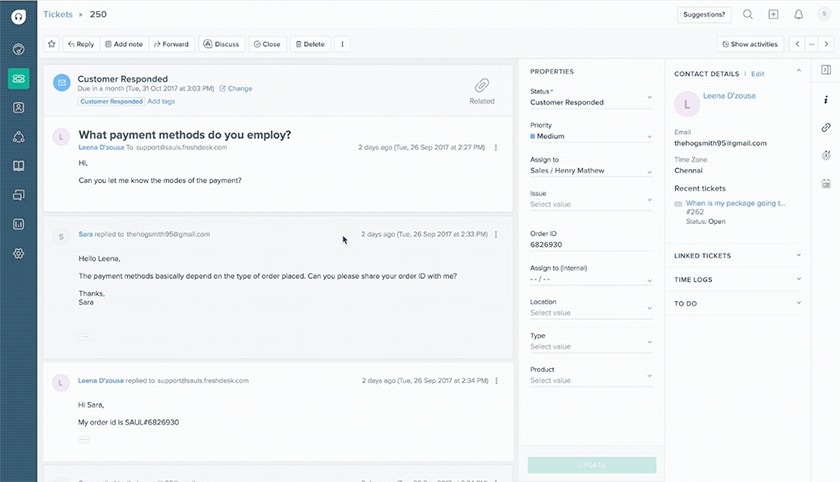A user viewing support ticket activity in the Freshdesk platform