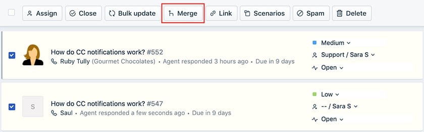 Merging two customer support tickets in the Freshdesk platform