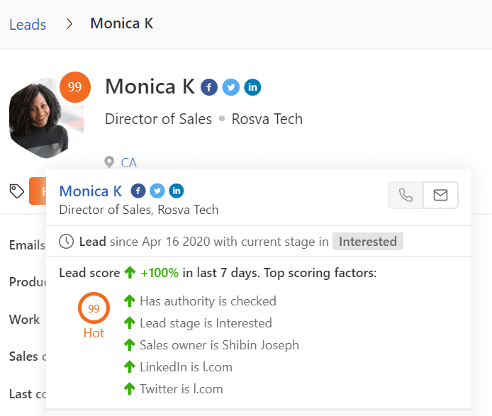 Example of a lead profile with a lead score in Freshsales CRM
