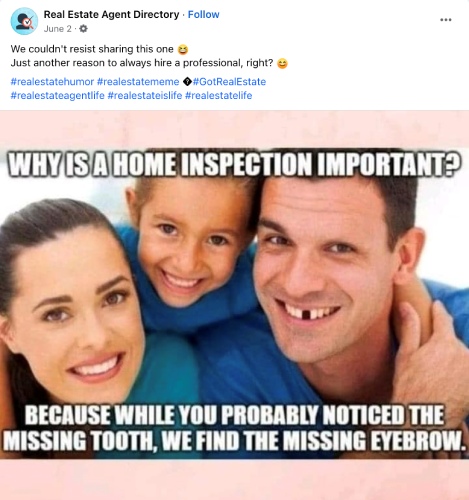 Funny real estate Facebook post with a meme by Real Estate Agent Directory