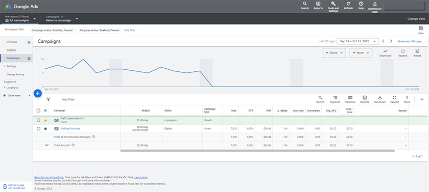 Google Ads sample campaign and insights from dashboard.