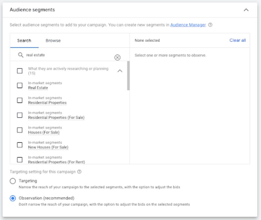 Graphic demonstrating how to select audience segments to add to your Google ad campaign