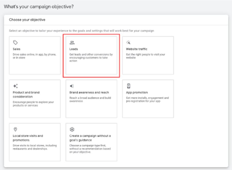Graphic demonstrating how to choose your Google ad campaign objective highlight leads as your objective