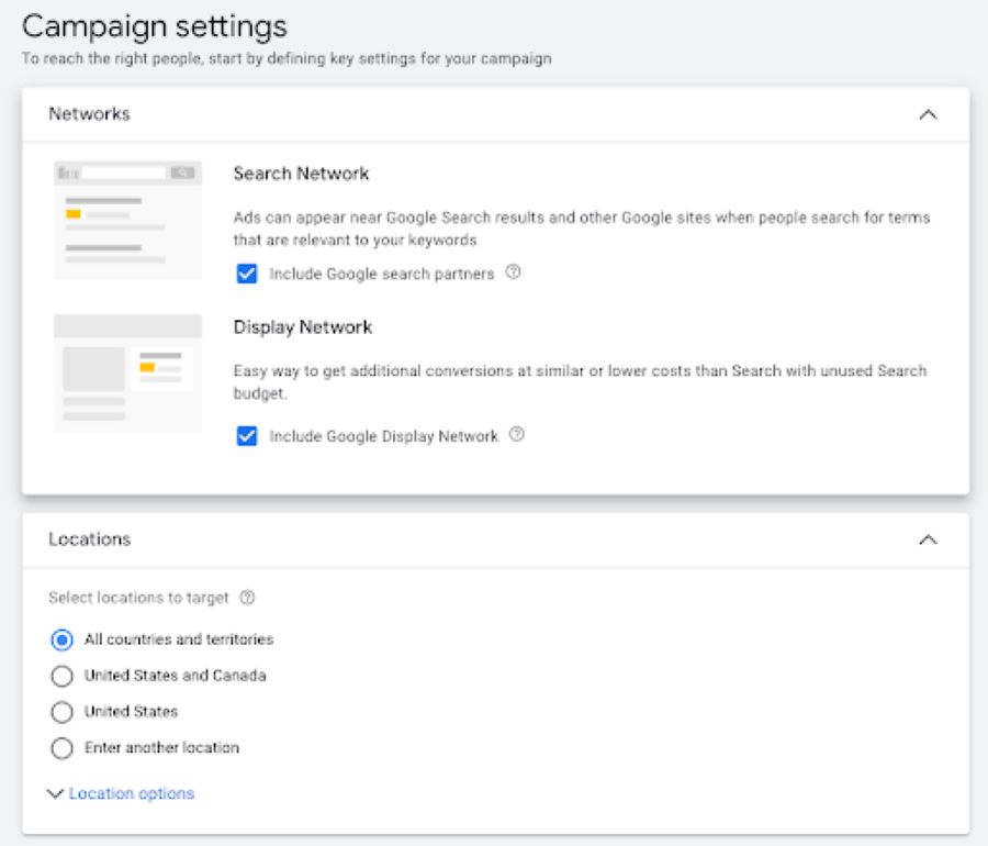 Graphic of location and campaign settings for Google ads