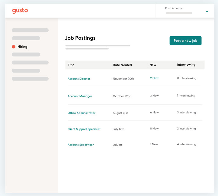 Gusto screen showing active job postings with status.