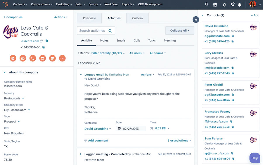 An example of HubSpot CRM's lead record with activity tracking.