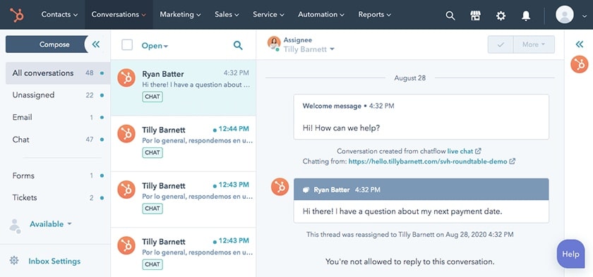 HubSpot all conversations interface