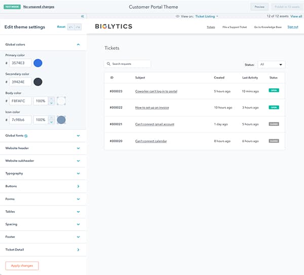 HubSpot customer portal theme settings