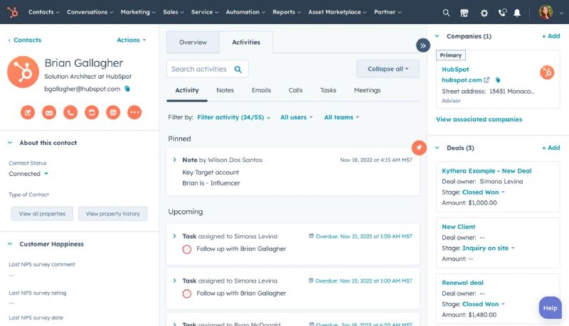 Example of HubSpot’s CRM interface.