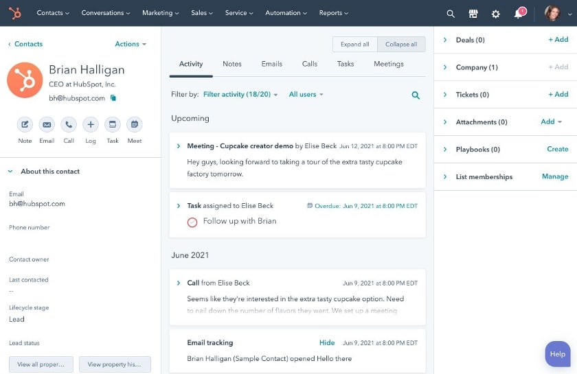 HubSpot's CRM interface depicting client information