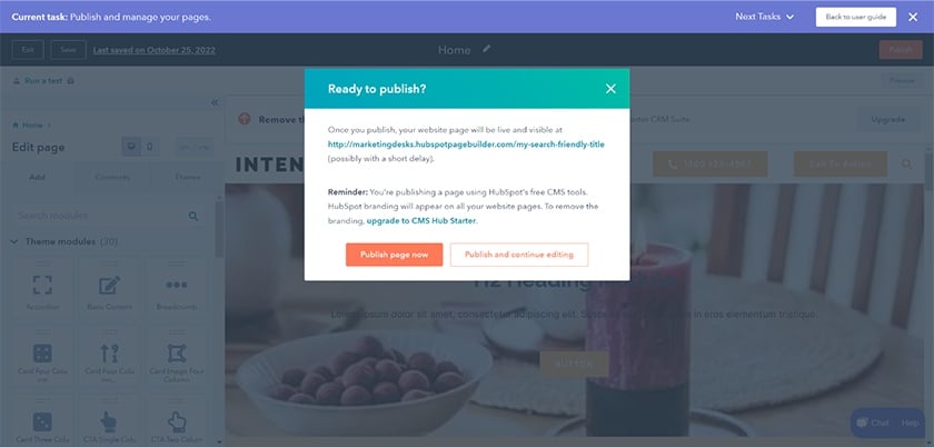 Hubspot publish page confirmation prompt