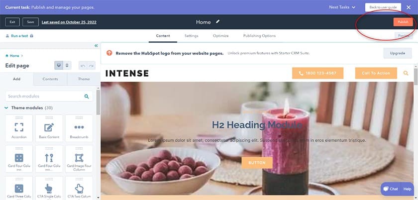 Hubspot web page publish button