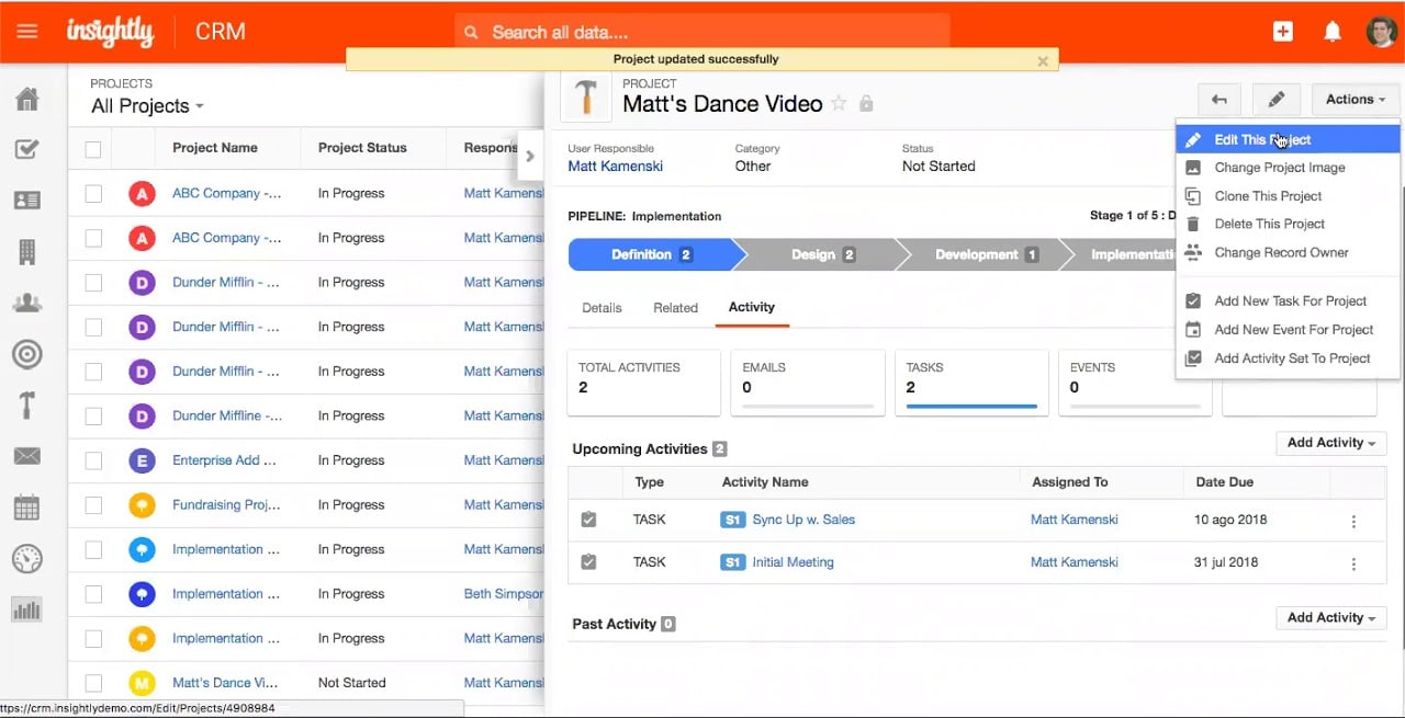 An example showing Insightly CRM's project management settings and team alerts.