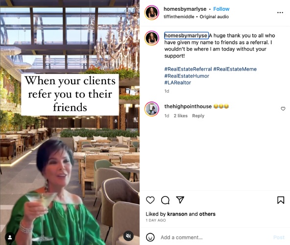 Instagram reel asking for real estate referrals.