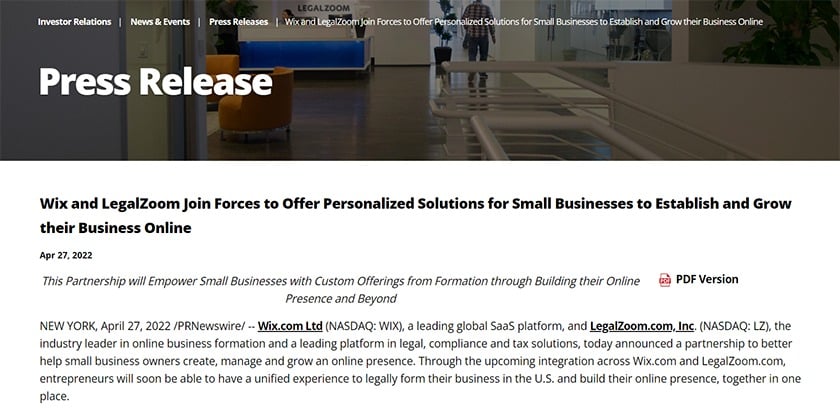 LegalZoom & Wix example of partnership press release