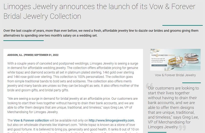 Limoges Jewelry example of product launch press release