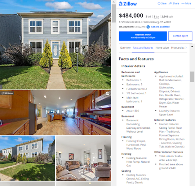 Sample listing section of a Zillow listing