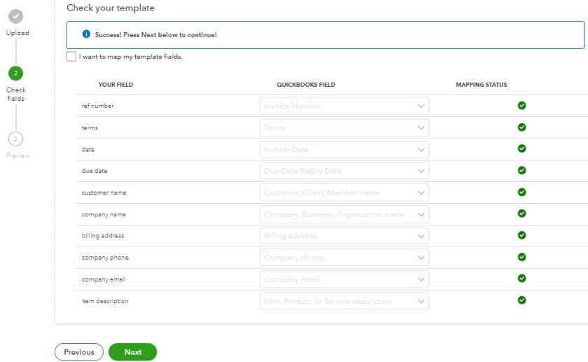 Mapping invoice template fields to QuickBooks Online EZ Map fields.