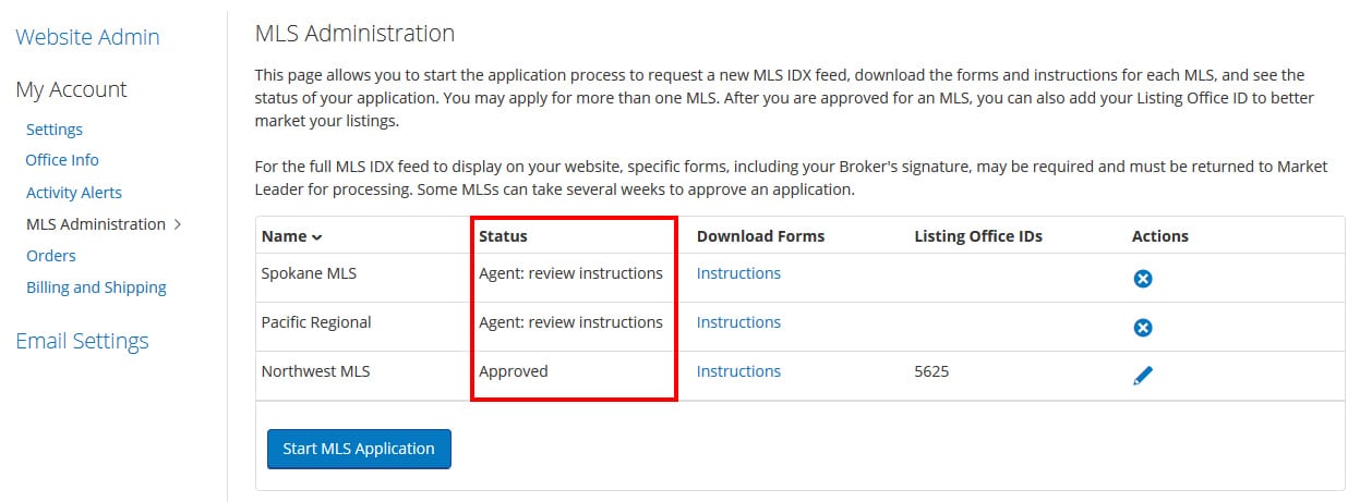MLS Administration page highlighting the status of each MLS.