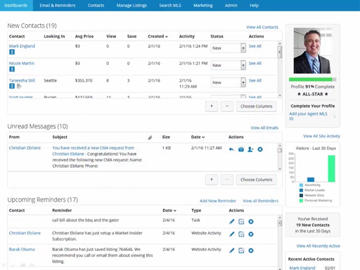 Dashboard containing the New Contacts section on a sample Suite agent account.