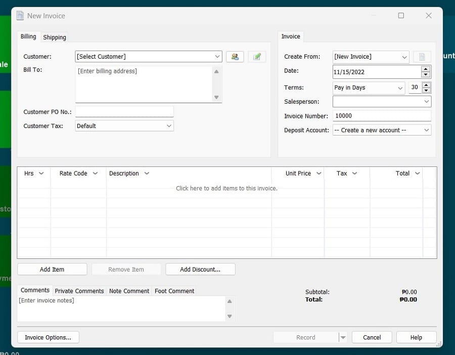 Creating an invoice in NCH Express Accounts.